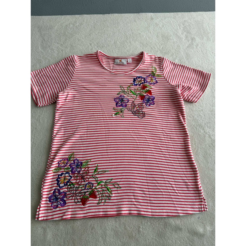 Quacker Factory Womens Small Red Striped T-Shirt Floral Strawberry Rhinestone